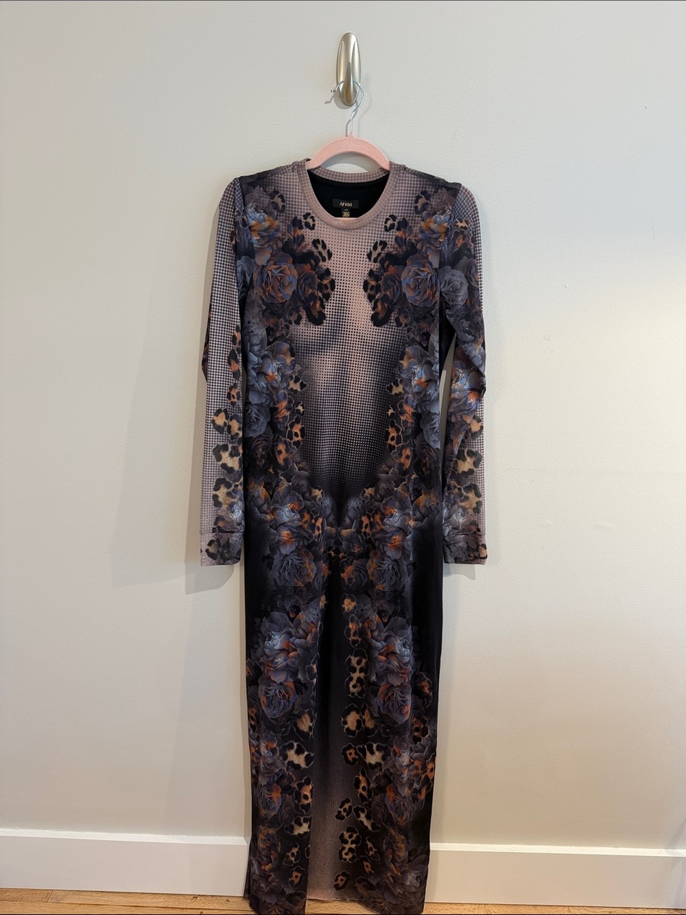 AFRM Long-Sleeve Maxi Dress in Black, Gray and Brown Floral-Leopard